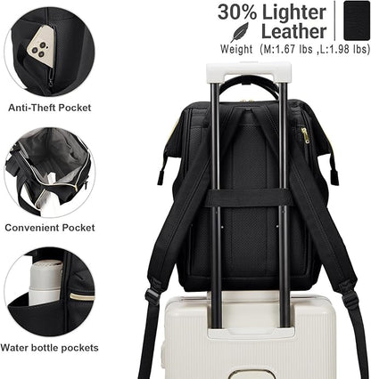 Kah&Kee Leather Laptop Backpack for Women, 14-15 Inch Professional Work Bag, Water-Resistant Vegan Leather Doctor Bag Backpack for Teacher, Nurse & Travel, Fits MacBook Air 15 (Black,Medium)