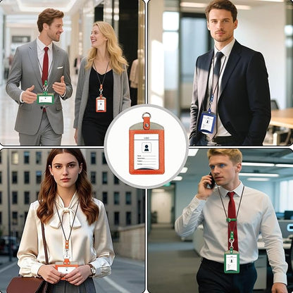 Badge Holder: Boshiho Cowhide Leather ID Badge Card Holder with 19" Neck Lanyard, Vertical Style (Orange-Light Gray)