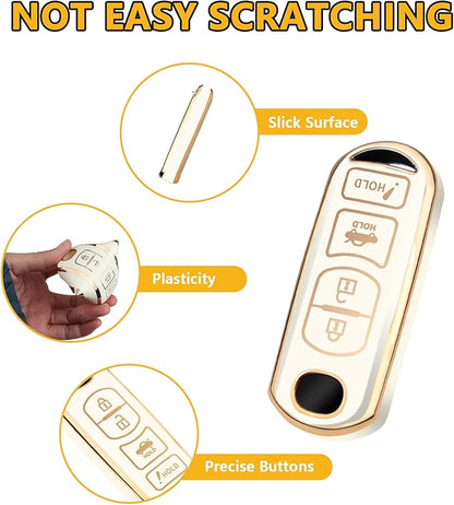 FT FUNTOR for Mazda Key Fob Cover,4 Buttons TPU Key Cover with Golden Edge,Compatible with Mazda 3 6 8 CX-3 CX-5 CX-7 CX-9 Atenza Miata MX-5 with Keychain (A-White)