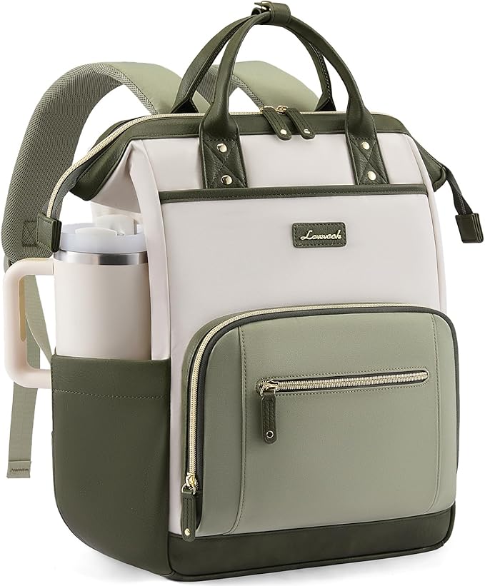 LOVEVOOK Laptop Backpack for Women with Giant Tumbler Holder,15.6 inch Professional Nurse Teacher Backpack Computer Laptop Bag,Cute Travel Backpack Purse Work College Bag,Beige-Bean green-Army green