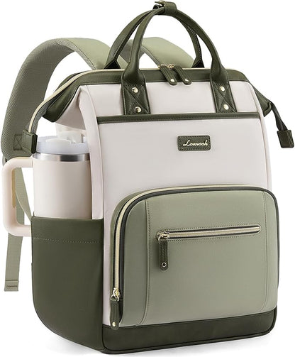LOVEVOOK Laptop Backpack for Women with Giant Tumbler Holder,15.6 inch Professional Nurse Teacher Backpack Computer Laptop Bag,Cute Travel Backpack Purse Work College Bag,Beige-Bean green-Army green