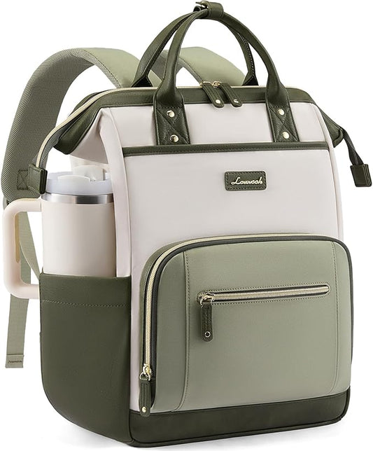 LOVEVOOK Laptop Backpack for Women with Giant Tumbler Holder,15.6 inch Professional Nurse Teacher Backpack Computer Laptop Bag,Cute Travel Backpack Purse Work College Bag,Beige-Bean green-Army green