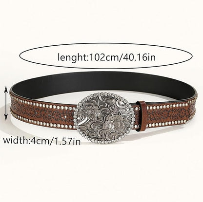 INOGIH Adjustable-Vintage-Western-Cowboy-Belt Women Men - Cowboy-Style Engraved-Buckle Belt for Jeans Pants Dresses