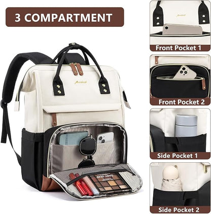 Focdod Laptop Backpack for Womem Work Bags: 18 Inch Anti Theft FashionTravel BackPacks With USB Charging Port Durable Back Pack Purse Bussiness Daypack for Nurse Teacher Beige Black Brown