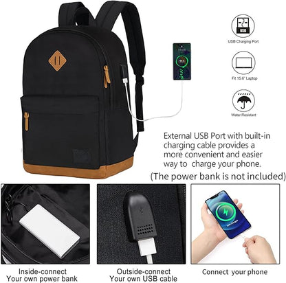 Large Travel Laptop Backpack with USB Charging Port for Men and Women, Classic School Backpack for Boys and Girls, Work Bag(18Inches/Black)