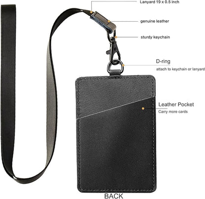 Leather Badge Holder, Vertical ID Card Holder with Clear Window, 2 Elastic Card Slots & Detachable Lanyard for Offices, Schools (Black-Twill)