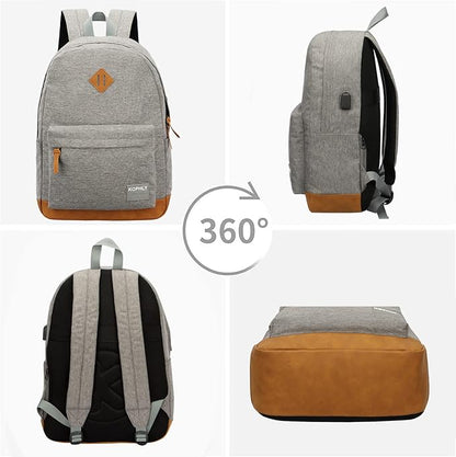 Laptop Backpack with Leather Decoration, USB Charging Port, Classic Backpack for College, Work, Travel(18 Inches/Light Grey)