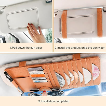 Zpana Car Sun Visor CD Case Holder, Multi-Function Vehicle DVD Eyeglass Organizer Clip with 10 DVD Storage Sleeves, Automotive Card Slots & Pen Holder Bag, Universal for SUV RV Truck (Brown)