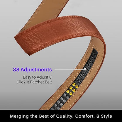 Marino Avenue Ratchet Belt for Men. Adjustable Leather Dress Belt with 38 Easy to Click Into Place Ratchet Closures.