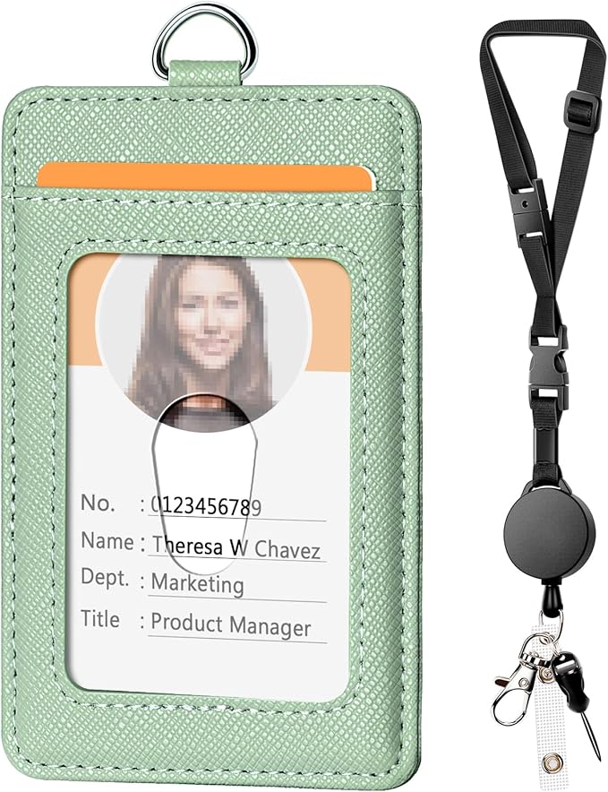Leather Badge Holder and Adjustable Retractable Lanyards, Quick Release Buckle and Safety Breakaway Lanyards with Swivel Metal Clasp for Offices, Staff, Students, Employees