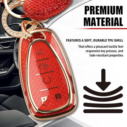 Compatible with Chevy Equinox Key Fob Covers,Stylish Car Key Cover with Bling Heart Keychain,5-Button Keys Fob Protector（Red）
