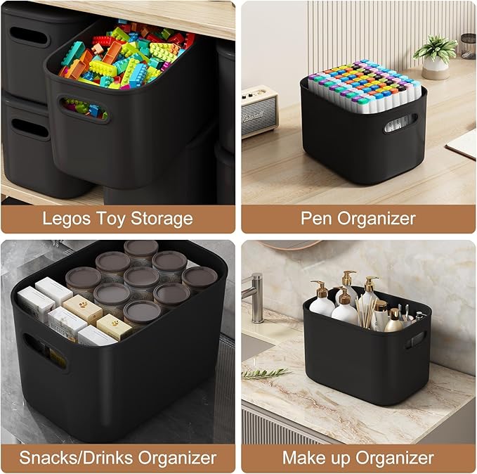 ORGIDOL 8 Pack Black Storage Bins with Lids Stackable Storage Container for Organizing, Black Storage Boxes with Handle for Shelves, Cute Organizer Bins for Craft, Snacks, 9.85x6.9x5.7 inch