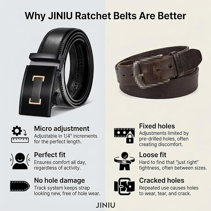 JINIU Men's Ratchet Belt Buckle, Black Genuine Leather Slide Belt for Men Dress Suit, Micro Adjustable Trim to Fit Boxed