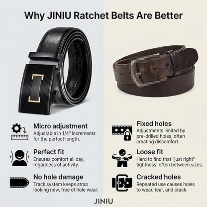 JINIU Men's Ratchet Belt Buckle, Black Genuine Leather Slide Belt for Men Dress Suit, Micro Adjustable Trim to Fit Boxed
