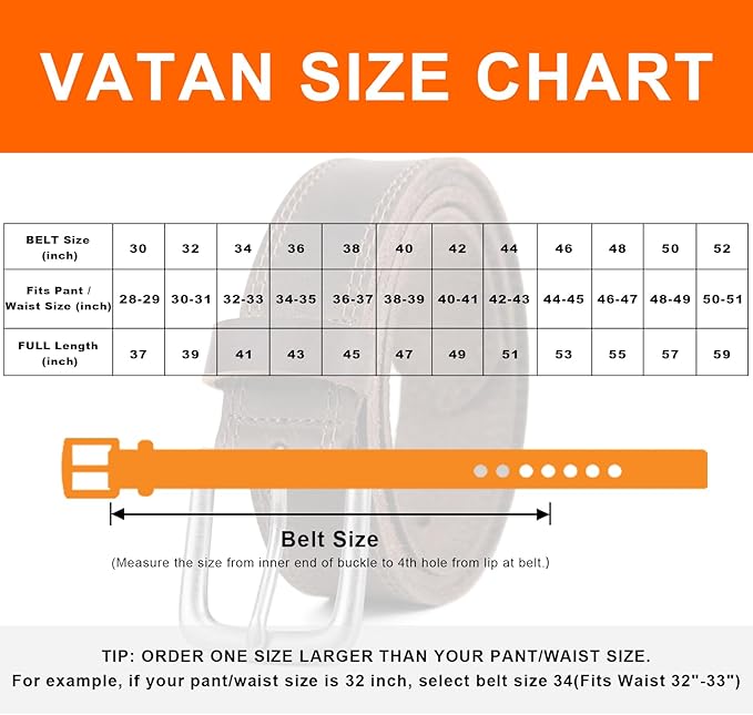 VATAN Men's Full Grain Leather Casual Every Day Jeans Belts, Handmade Men Leather Belt with Gift Box