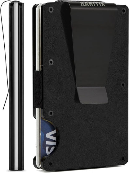 Minimalist Slim Wallet for Men,RFID Blocking Metal Wallet,Aluminum Credit Card Holder & Money Clip 12-15 Cards,Slim Rfid Front Pocket Mens Wallet,Leather Black