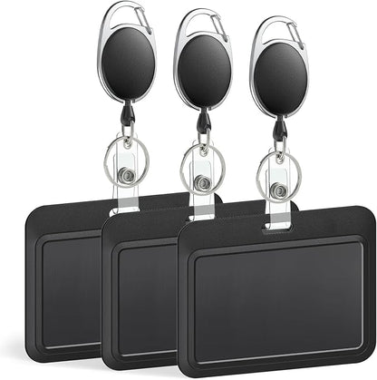 Uniclife 3 Pack Sliding Badge Holder Hard Black Horizontal Plastic Card Case Protector with Retractable Badge Reel Carabiner for Office School ID Credit Proximity Key Card Driver’s License and Pass