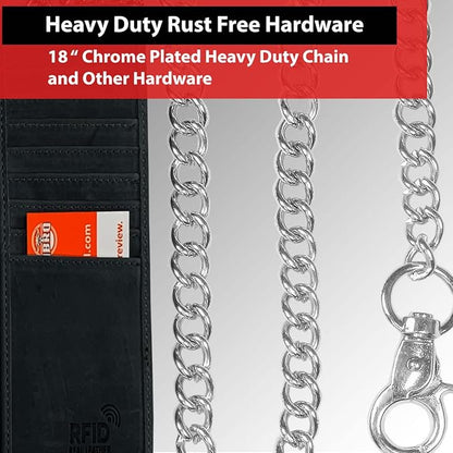 IBRO VINTAGE Motorcycle Chain Wallet for Men – Premium Cowhide Leather, RFID Tri-Fold Biker Wallet with Heavy Duty Chain for Bikers Truckers & Hunters, Credit Card Money Organizer Long Wallet | Long Trifold, RFID Blocking, Men's, Trucker Biker