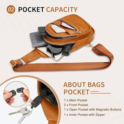 Crossbody Bags for Women Men,Leather Sling Bag Cross Body Backpack for Women, Casual Chest Bag Daypack for Travel Hiking, Brown