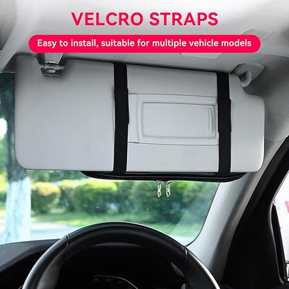 Car Sun Visor Organizer, Multi-Pocket PU Leather Sunglass Holder and Storage Pocket with Net Zipper, Card Sleeve Pocket Organizer, Auto Interior Accessories for Vehicle, Truck, SUV (Black)