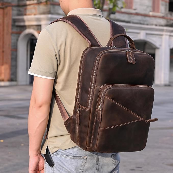 Vintage Full Grain Leather Backpack for Men, 16" Laptop Rucksack For Men Hiking Trave Work Business Bag, Dark Brown