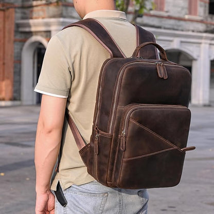Vintage Full Grain Leather Backpack for Men, 16" Laptop Rucksack For Men Hiking Trave Work Business Bag, Dark Brown