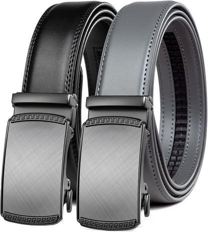 Founders & C Mens Belt 2 Pack,Leather Ratchet Click Belt Dress with Slide Buckle 1 3/8" in Gift Set Box- Size Adjustable