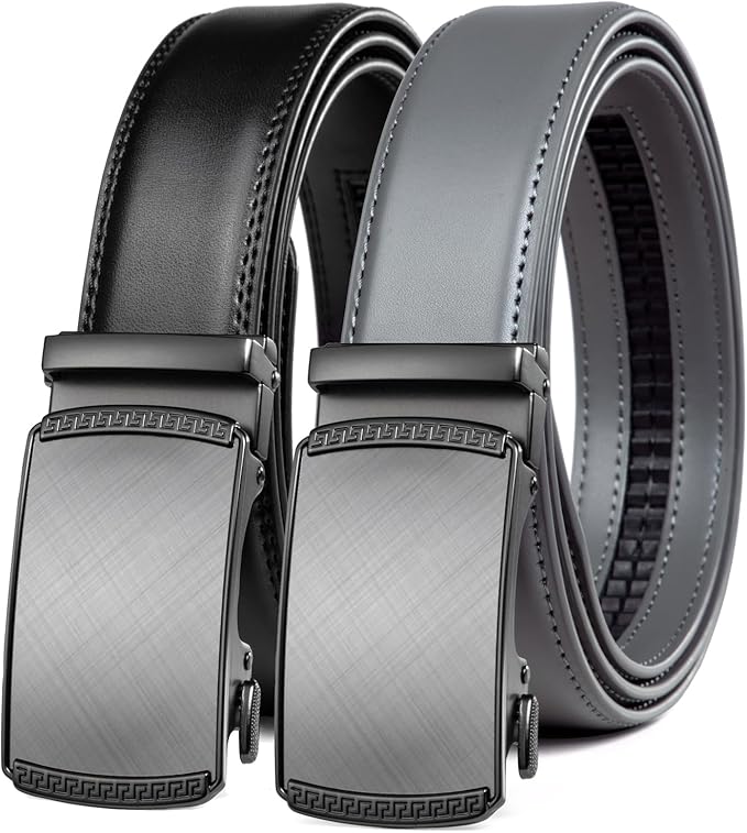 Founders & C Mens Belt 2 Pack,Leather Ratchet Click Belt Dress with Slide Buckle 1 3/8" in Gift Set Box- Size Adjustable