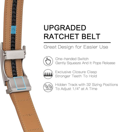 SENDEFN Men's Leather Belt Automatic Ratchet Buckle Slide Belt for Dress Casual Trim to Fit with Gift Box