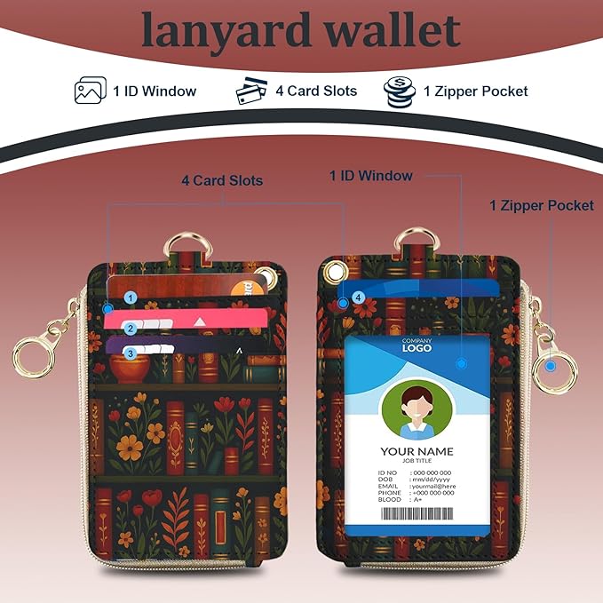 Plant Bookshelf Lanyard Wallet, PU Leather Lanyards for ID Badges, RFID Blocking, Detachable Phone Lanyard Keychain Wristlet ID Badge Holder with Zipper Pocket for Office School Business