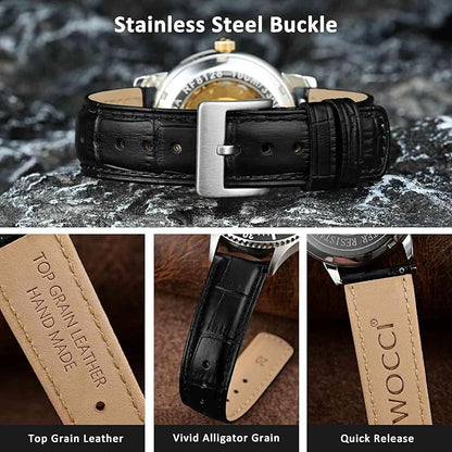 WOCCI Watch Bands, Top Grain Leather, Embossed Alligator Grain, Quick Release, Band Width 18mm 20mm 22mm