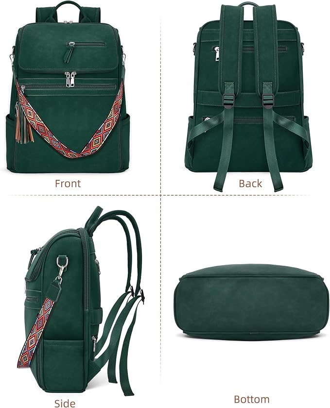 SYTRAH Leather Laptop Backpack for Women Designer Laptop Bag, 16.5 inch Travel Computer Backpacks Purse with Tassel for Work Business with Satchel Purse Green