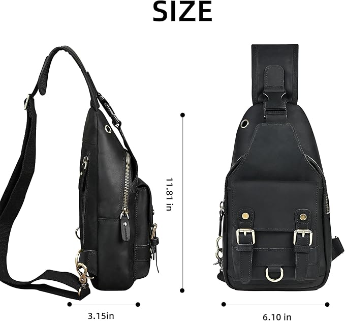 Genuine Leather Hiking Travel DayPack Sling Crossbody Triangle Chest Pack Bag For Men Women 8241 (Dark Black 258204)