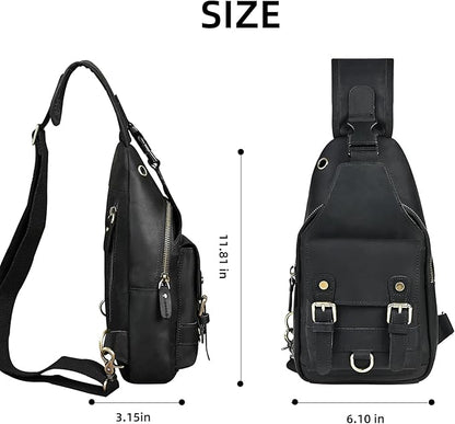 Genuine Leather Hiking Travel DayPack Sling Crossbody Triangle Chest Pack Bag For Men Women 8241 (Dark Black 258204)