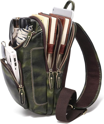 LANNSYNE Vintage Full Grain Leather Sling Bag Crossbody Chest Daypack | Vintage, Full Grain, Leather, Chest