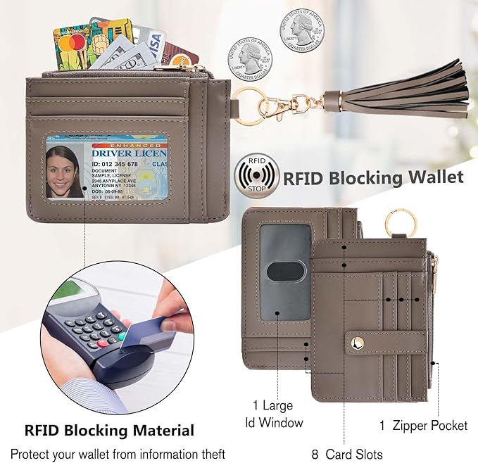 KNGITRYI Wallet Keychain Wristlet for Women,Slim RFID Credit Card Holder Purse Tassel Keychain Bangle Key Ring for Men Women
