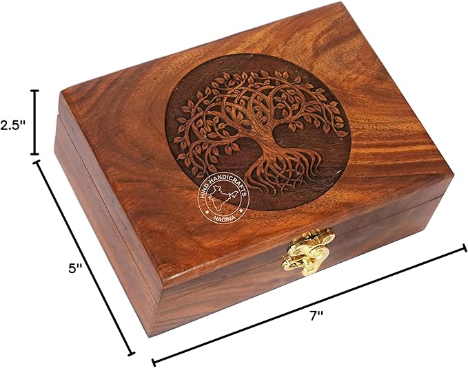 Rosewood Handmade Wooden Urn Tree of Life Engraving Handcarved Jewellery Box for Women-Men Jewel | Home Decor Accents | Decorative Boxes | Storage & Organiser (7" x 5.5" x 3.5", Tree - 12)