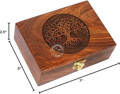 Rosewood Handmade Wooden Urn Tree of Life Engraving Handcarved Jewellery Box for Women-Men Jewel | Home Decor Accents | Decorative Boxes | Storage & Organiser (7" x 5.5" x 3.5", Tree - 12)