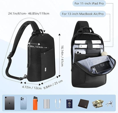 MoKo Compact EDC Sling Bag for New 13-inch iPad Pro M4/Air M2, Minimalist Chest Shoulder Crossbody Bag for Men Women Daily Use, Single Strap Daypack for New 13" MacBook Air/14 MacBook Pro, Black