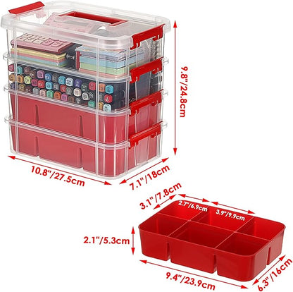 JUXYES 4-Tiers Stack Carry Storage Box With 2 Divided Tray, Transparent Stackable Storage Bin With Handle Lid Latching Storage Container for School & Office Supplies, Red