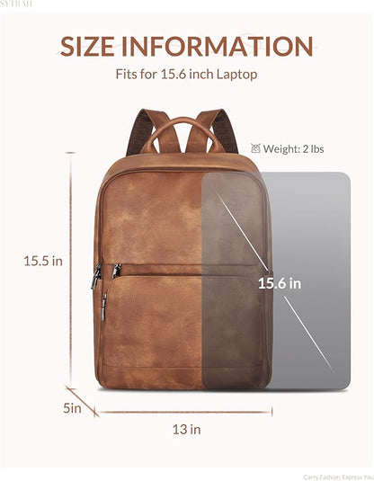 SYTRAH Leather Backpack for Women, Vintage 15.6 inch Laptop Backpack Purse for Women, College Casual Backpacks Ladies Computer Bags for Travel Business Work Mocha Brown