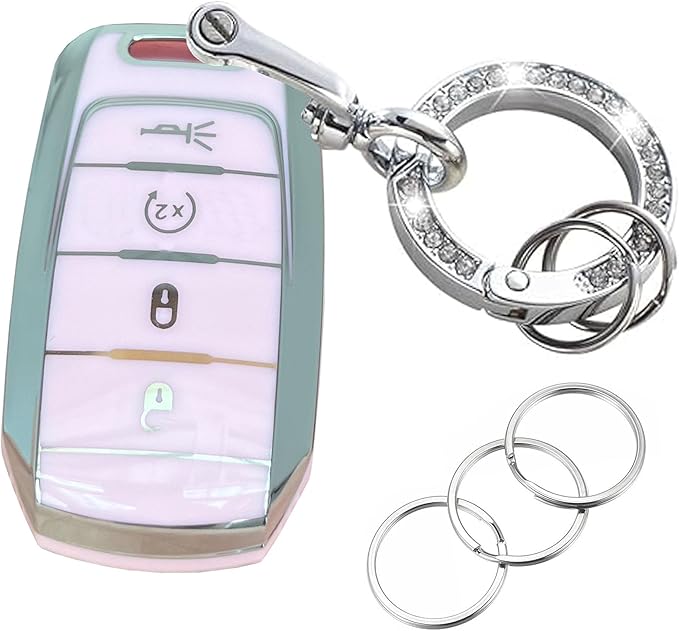 Key Protective Shell for RAM Key Fob Cover with Keychain Fit for RAM 1500 2500 3500 Smart Key Case Accessories (4-Button-Pink-Silver)