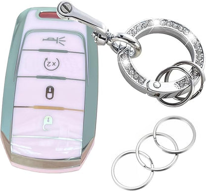 Key Protective Shell for RAM Key Fob Cover with Keychain Fit for RAM 1500 2500 3500 Smart Key Case Accessories (4-Button-Pink-Silver)