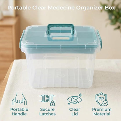 Pulseplay Clear Medicine Organizer Storage Box with Handle Medicine Organizer Box with Removable Tray Multipurpose Medicine Container Chest (Green)
