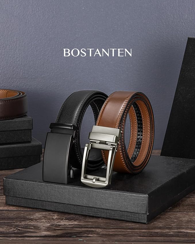 BOSTANTEN Ratchet Leather Belt For Men 2 Pack Dress and Casual with Adjustable Buckle, Trim to Fit