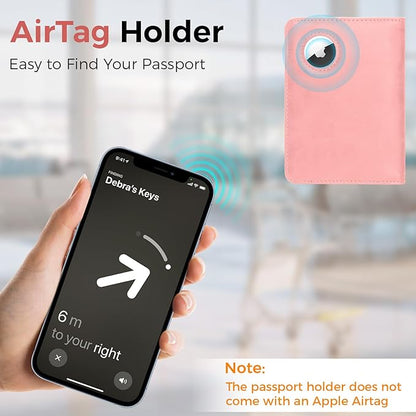 Passport Holder for Travel Women Men - Passport Cover Wallet with Airtag Slot - RFID Blocking PU Leather Passport Holder Case with Card Holder, Pen Slot - Pink