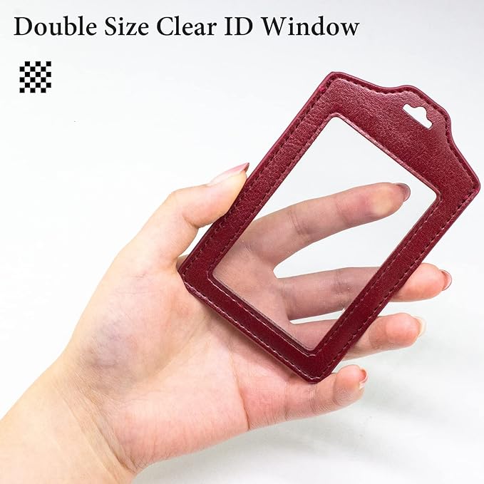 Teskyer 2 Pack Double Sided Clear Badge Holder with Lanyard, PU Leather ID Badge Name Card Holder with Stainless Steel J-Hook Nylon Lanyard for Work, School, Metro, Access, Wine Red