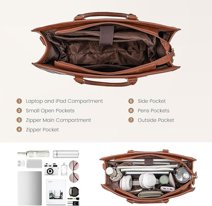 LOVEVOOK Laptop Tote Bag for Women, 15.6 Inch Work Bags, Vintage Leather Tote Bag, Waterproof Computer Bags with Clutch Purse, Large Capacity Messenger Bag for Teacher College Business Office
