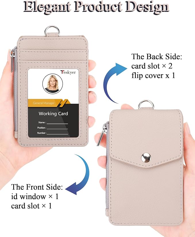 Teskyer Badge Holder with Side Zip Pocket, Multiple Card Slots Leather ID Holder Wallet with Neck Lanyard for Office Staffs, Teachers/Students, Workers, Cruise Cards, Bus/Metro Cards, Lichee Beige