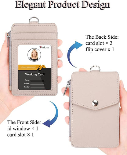 Teskyer Badge Holder with Side Zip Pocket, Multiple Card Slots Leather ID Holder Wallet with Neck Lanyard for Office Staffs, Teachers/Students, Workers, Cruise Cards, Bus/Metro Cards, Lichee Beige
